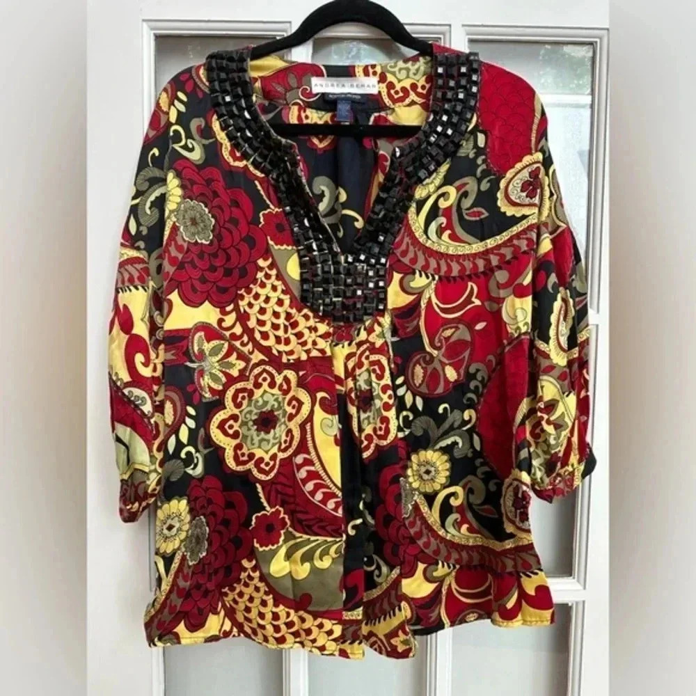 Boston Proper Andrea Behar Y2K Size 6 Blouse Silk Jeweled Embellished 3/4 Sleeve